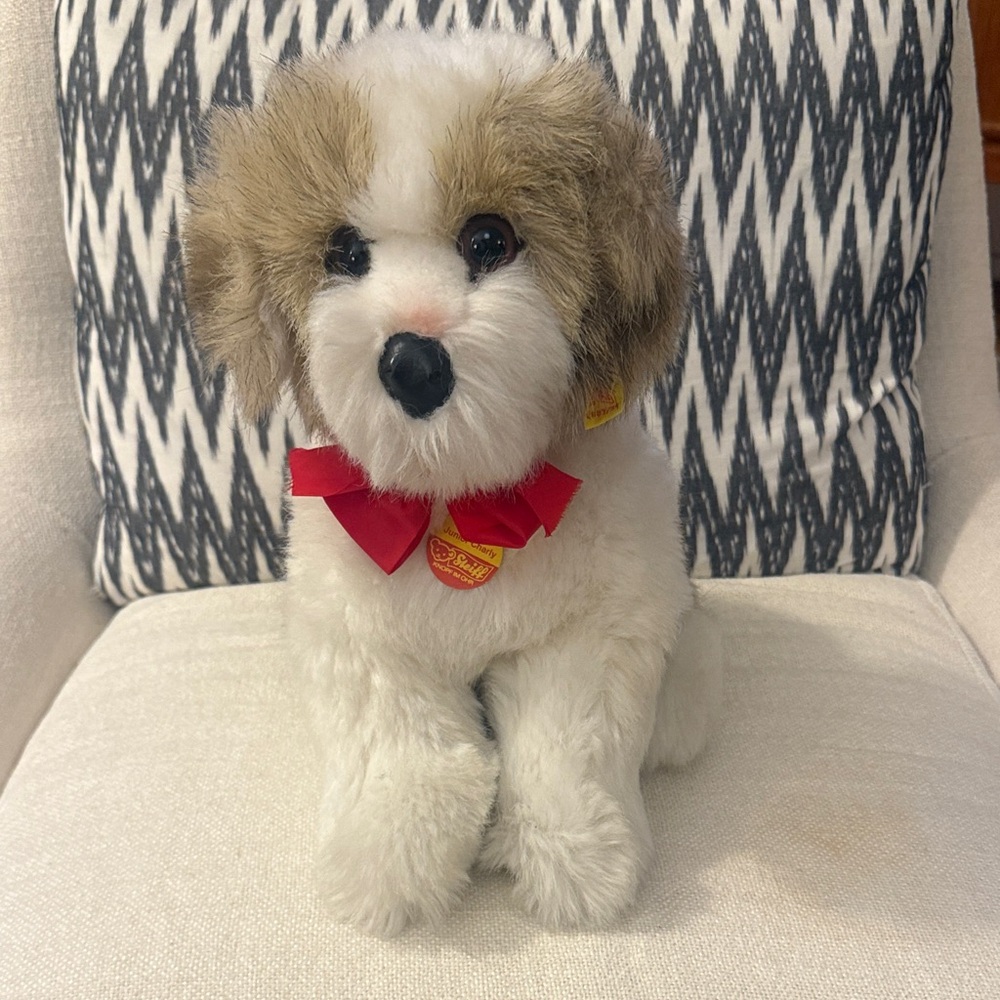 Vintage STEIFF Junior Charly Plush Dog with Red Bow 10” NWT